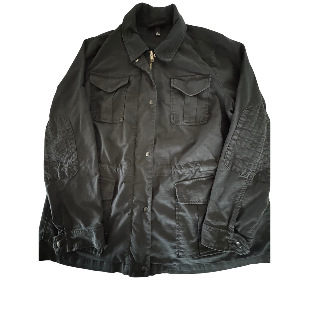 Lane Bryant Black‎ Utility Field Jacket Size 14 Cargo Pockets Elbow Patches Zip